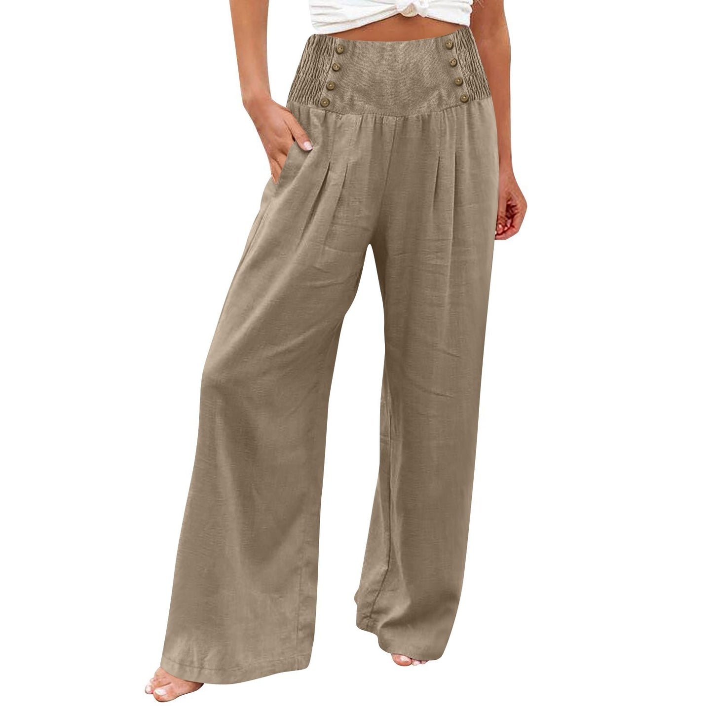 Women's Elastic Waist High Wide Leg Cotton Pants