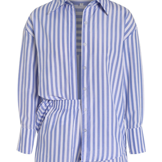 Women's Casual Sportswear Striped Long Sleeve Shirt Loose High Suits