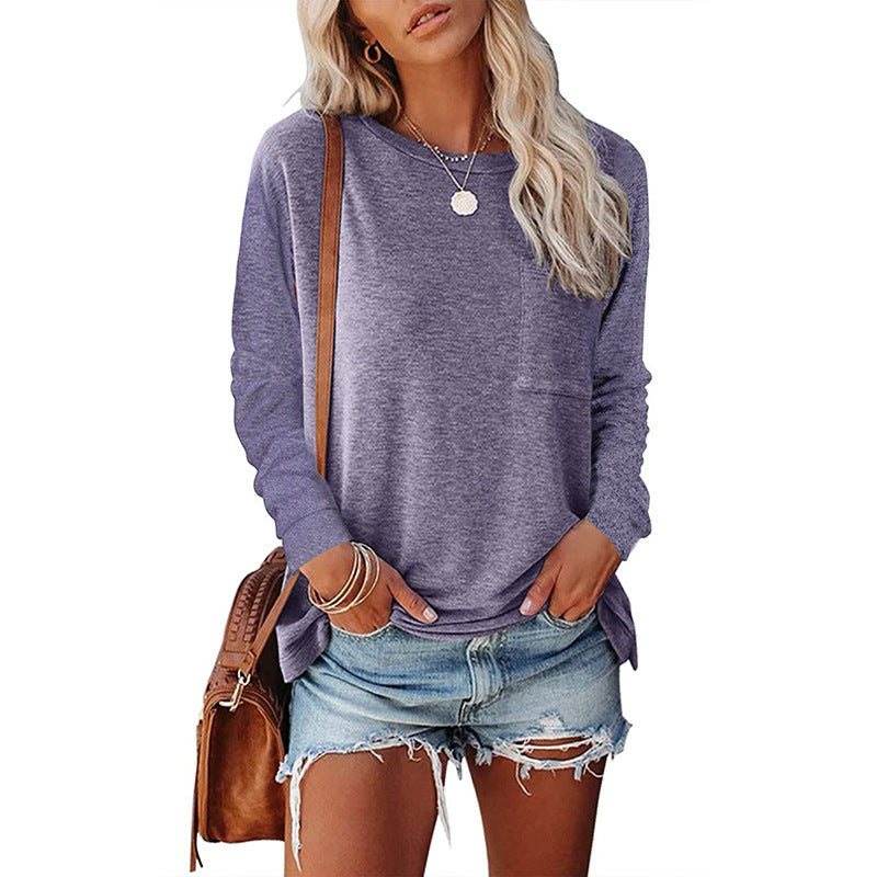 Women's Neck Pocket Split Long Sleeve Casual Tops