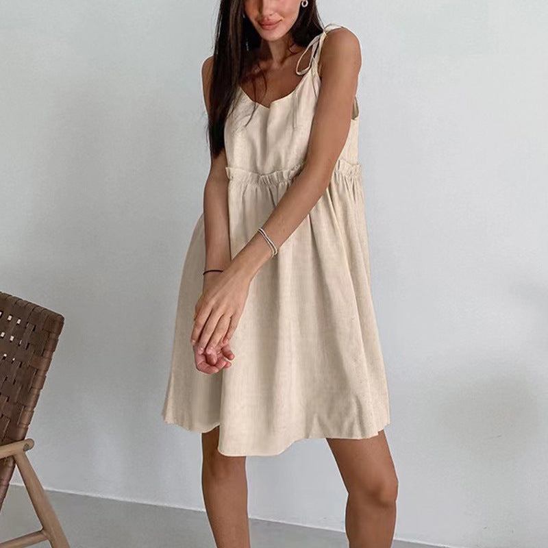 Solid Color Texture Slip Pleating Loose Leisure Dress