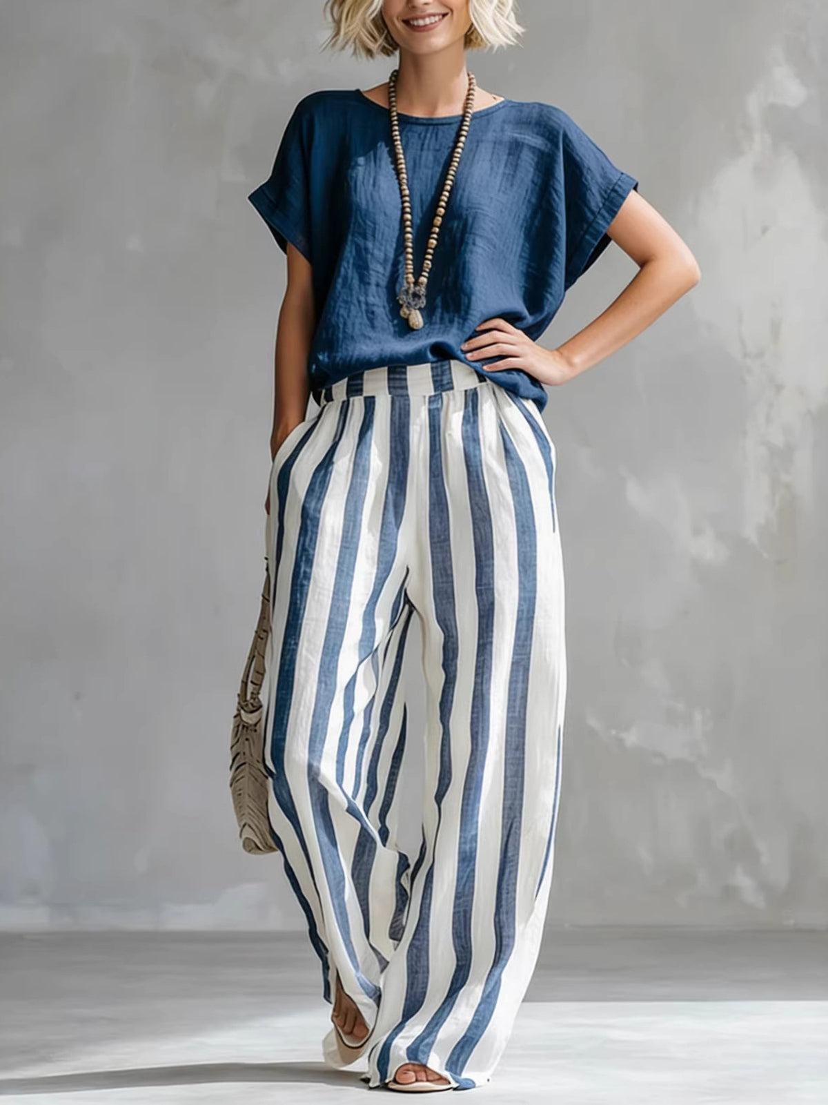 Women's Round Neck Straight Striped Trousers Fashion Casual Suit