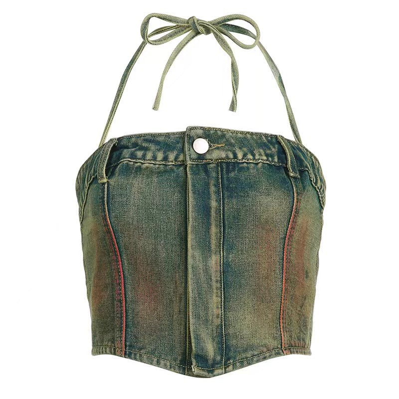 Denim Overall Dress Set Tube Floral Tops