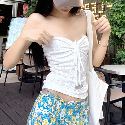 Jacquard Lace Stitching Tube Pleated Tie Tops