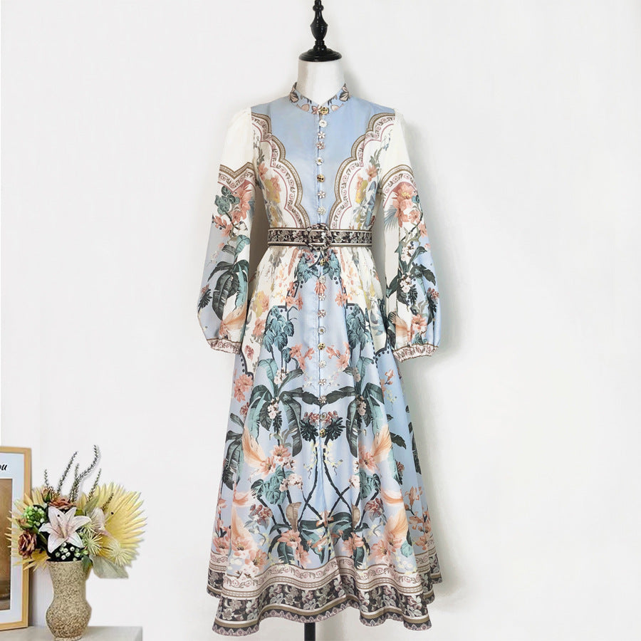 Sleeve Big Hem Positioning Printed Single Row Flower Beads Dresses