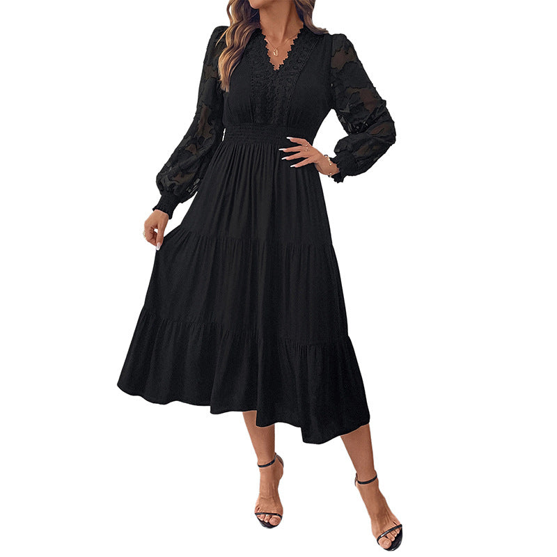 Women's Waist Lace Long Sleeve Solid Color Dresses
