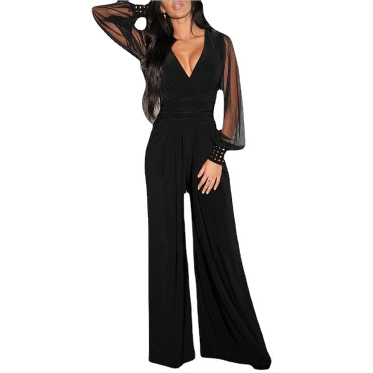 Attractive Sexy Mesh Stitching Rivet Straight Jumpsuits