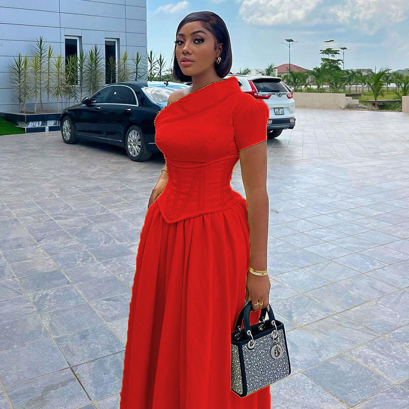 Women's Summer Diagonal Collar Sleeve Waist Seal Dresses