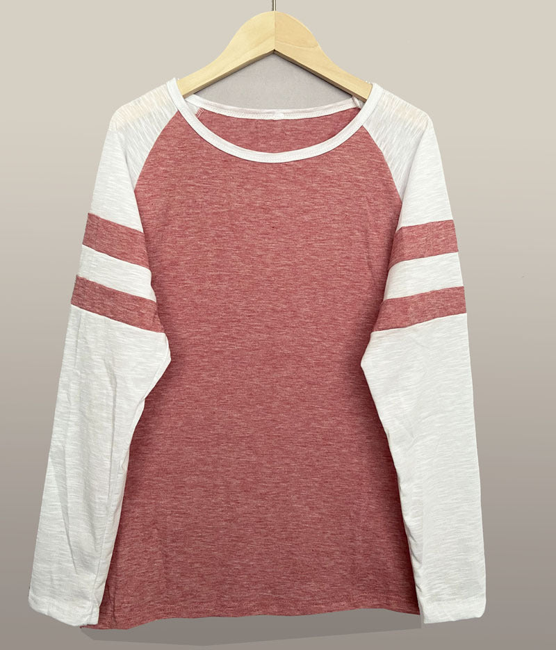 Striped Stitching Long Sleeve T-shirt Round Blouses