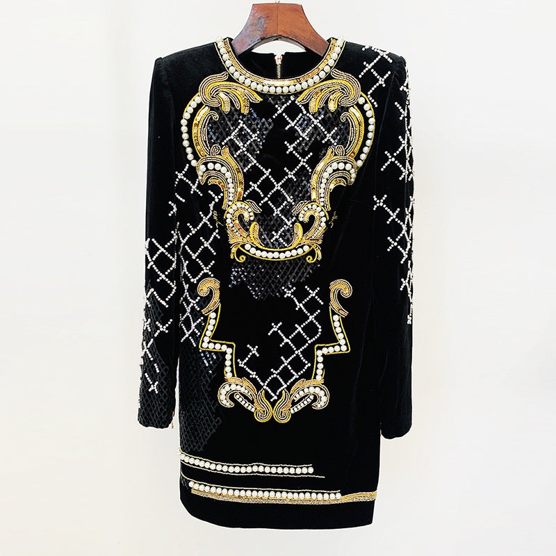 Diamonds Bead Long Sleeve Gold Veet Dress