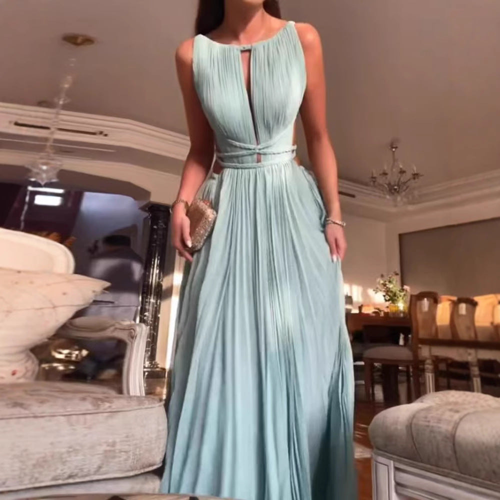 Summer Pleated Tie Sleeveless Backless Solid Dresses