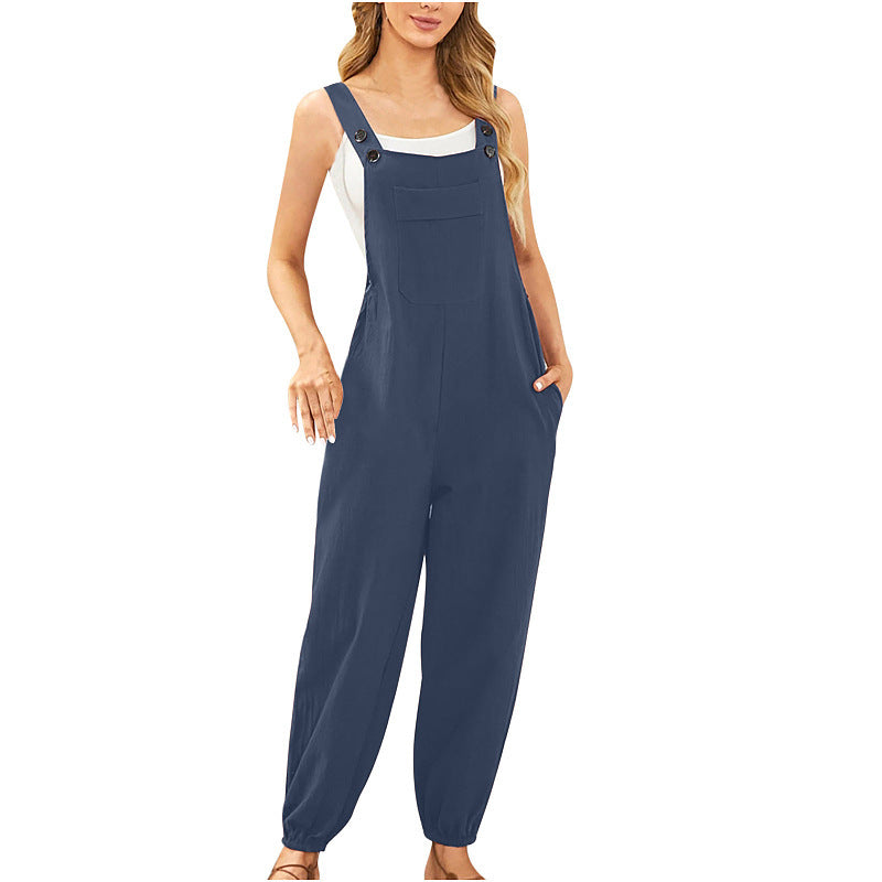 Women's Cotton Linen Pocket Suspender Casual Skinny Jumpsuits