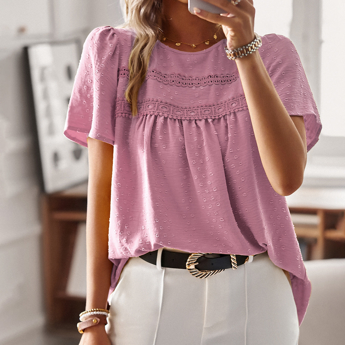 Women's Shirt Casual Solid Color Round Neck Tops