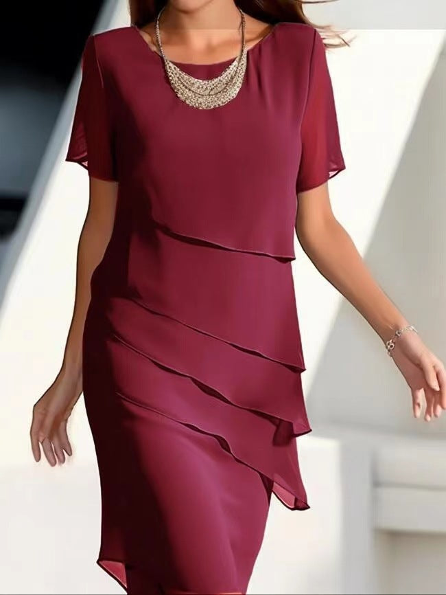 Women's Solid Color Sleeve Glitter Ruffles Crew Dresses