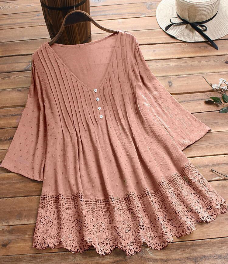 Women's Summer Jacquard Pleated Lace Hollow Out Blouses