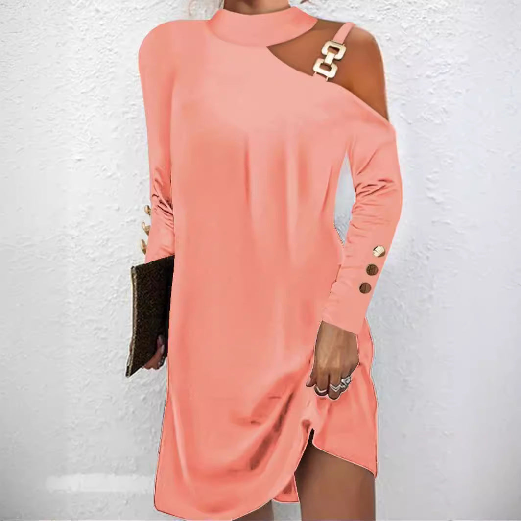 Women's Autumn Simple Metal Buckle Halter Button Dresses