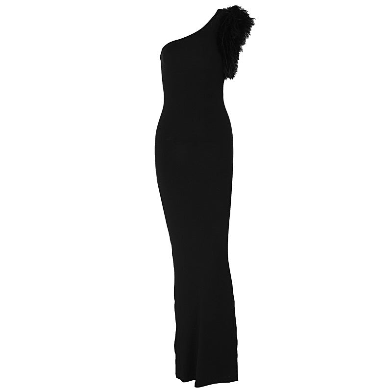 Women's Noble Solid Color Shoulder Stitching Feather Slim Dresses