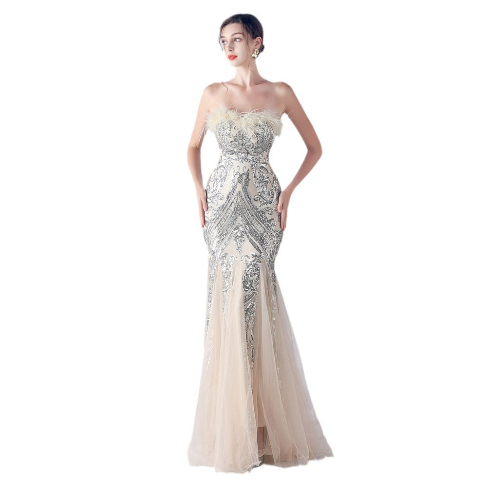 Ostrich Feather Positioning Flower Cutting Tube Evening Dresses