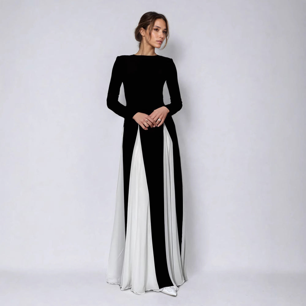 Women's Neck Contrast Color Long Sleeve High Waist Dresses