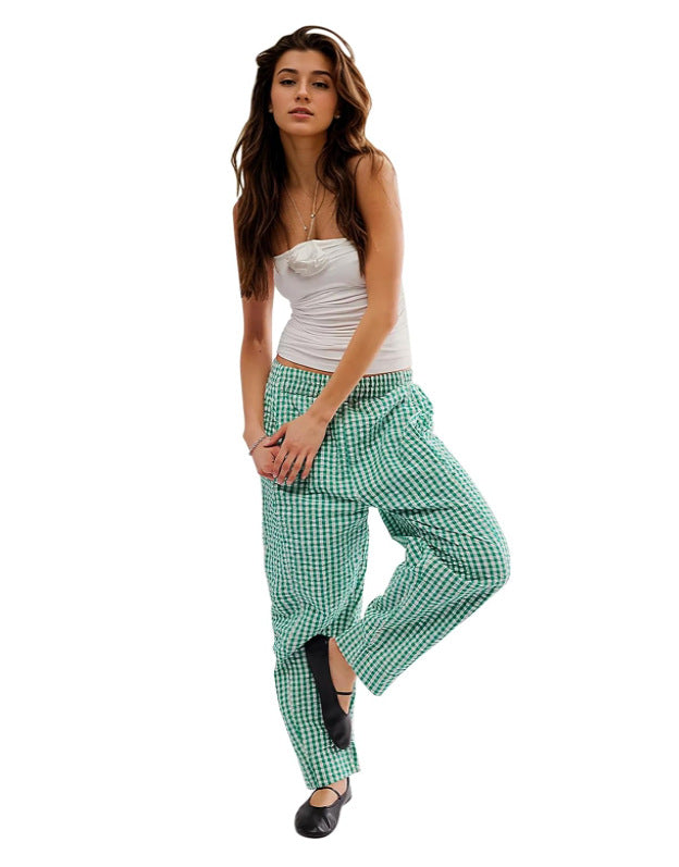 Women's Versatile Lattice Wide Leg Casual Trousers Pants
