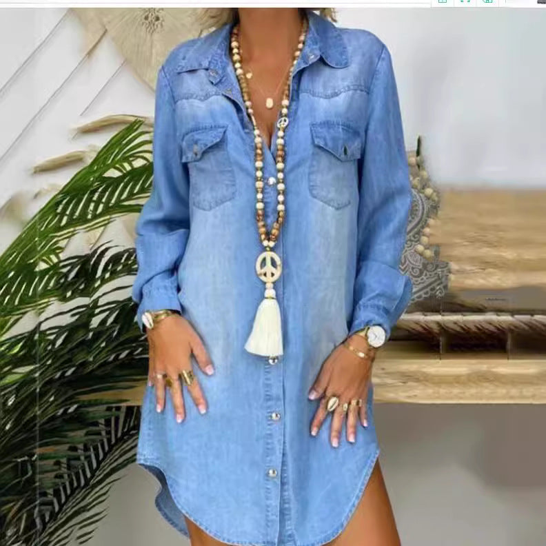 Breasted Pocket Solid Color Denim Shirt Dresses