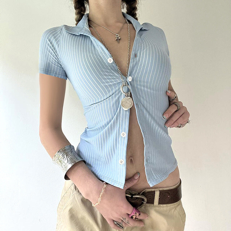 White Vertical Striped Collar Button Stitching Blouses