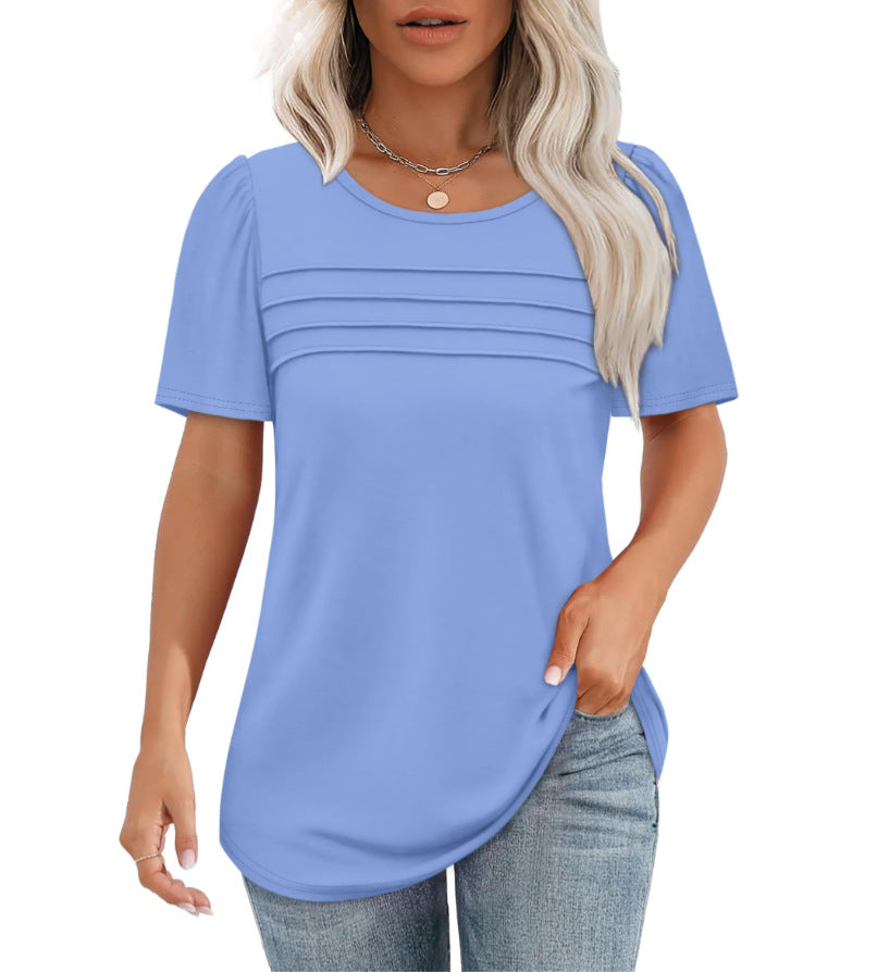 Women's Summer Round Neck Sleeve Chest Tuck Line Blouses