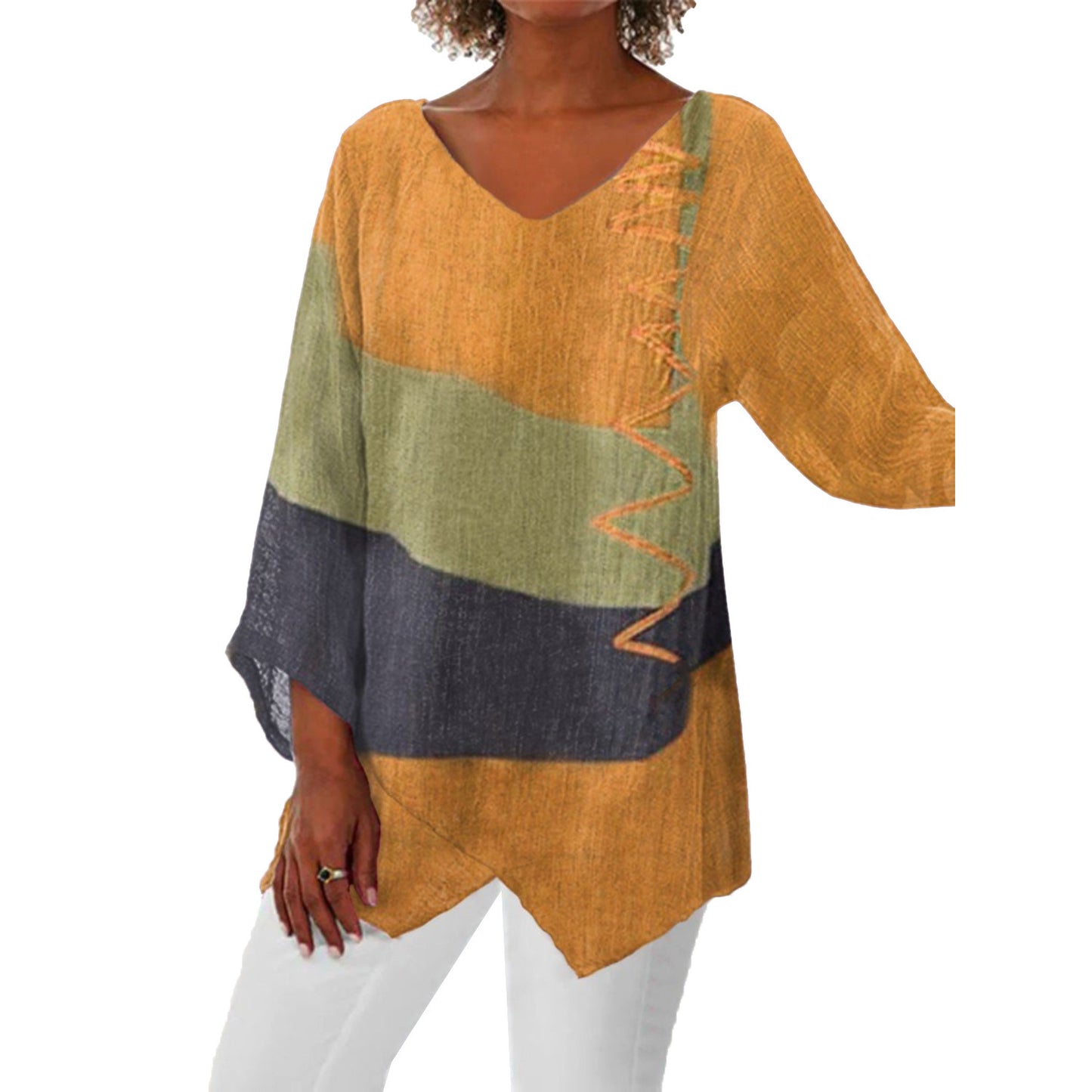 Women's Autumn Casual Loose Irregular Hem Art Print Long Blouses