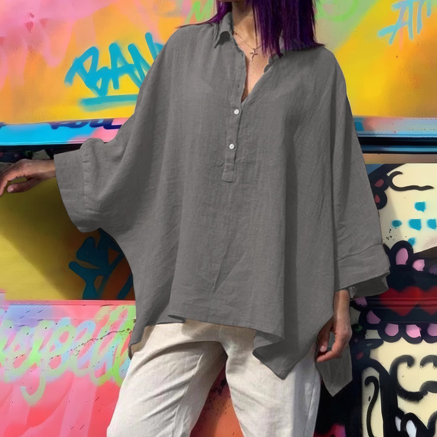 Women's Batwing Loose Cotton Linen Casual Blouses