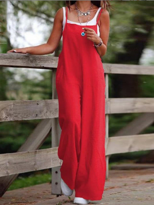 Women's Fashion Casual Pocket Cotton Linen Sling Jumpsuits