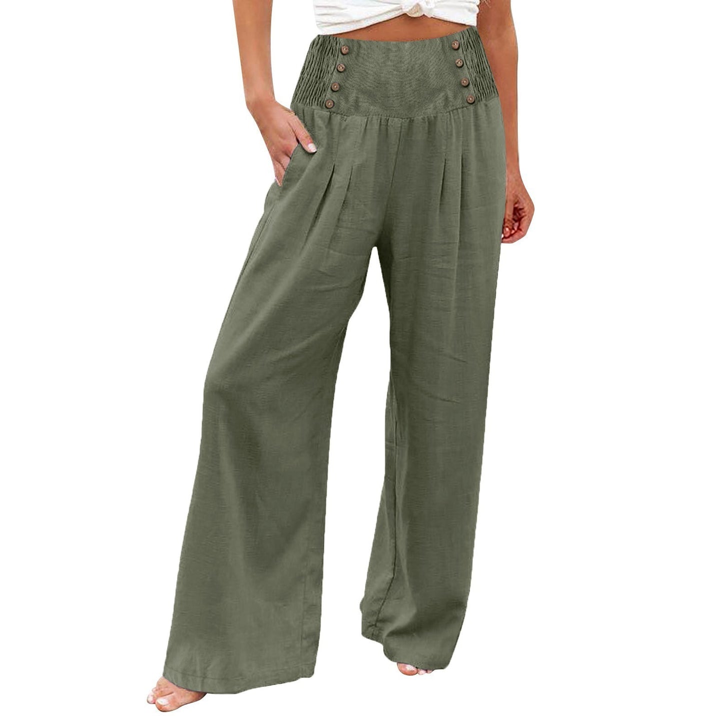 Women's Elastic Waist High Wide Leg Cotton Pants
