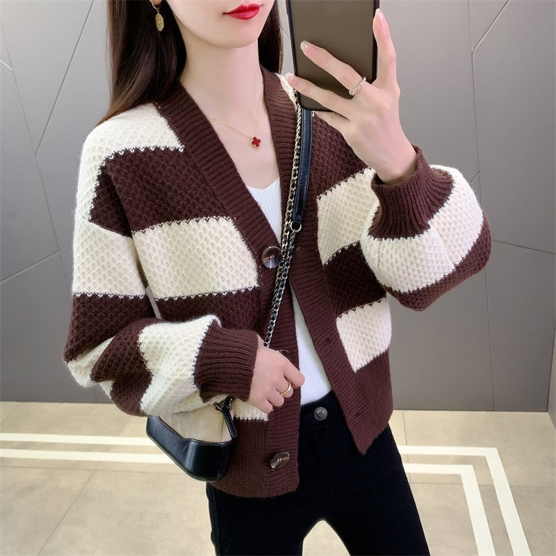 Women's Retro Mixed Color Stripe Knitted Fashion Classic Casual Women's Sweater