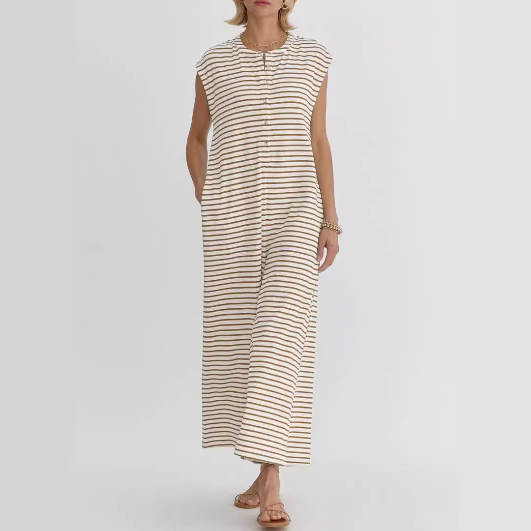 Women's Simple Loose Striped Sleeveless Wide Leg Jumpsuits