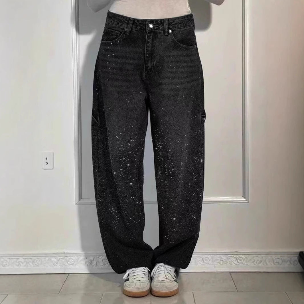 Women's American Street Style Rhinestone Straight Jeans