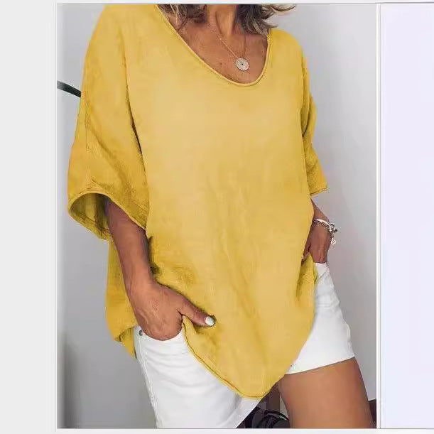 Solid Color Loose Sleeve Casual Cotton Blouses