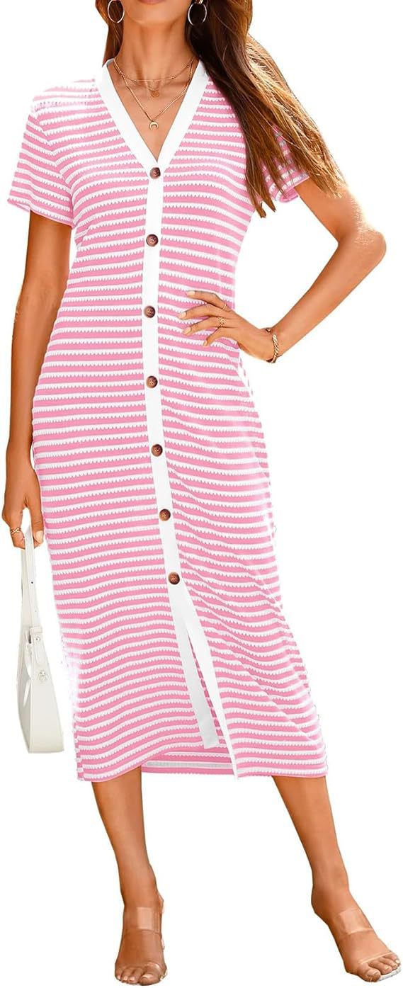 Women's Summer Dress Striped Knitted Decoration Button Jumpsuits