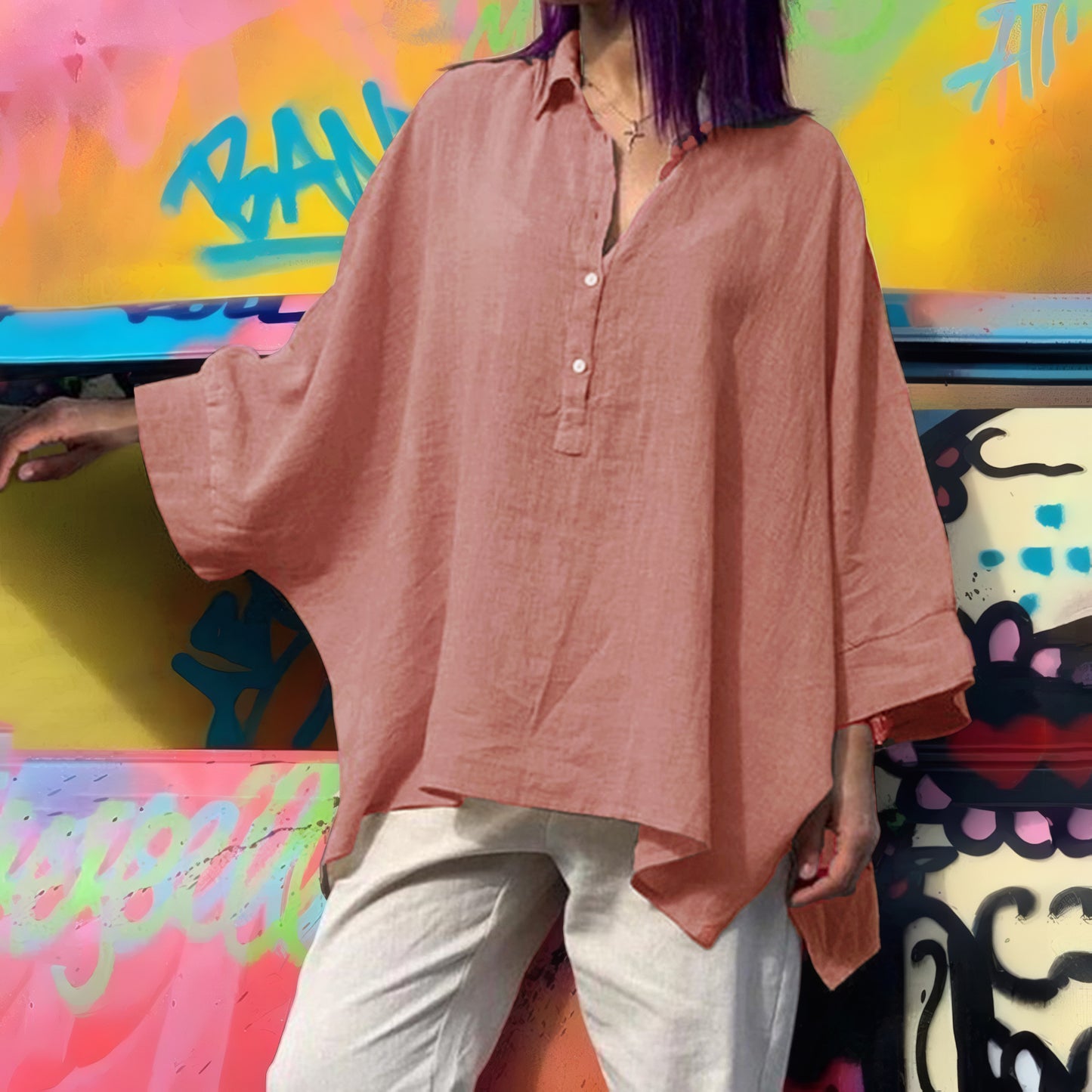 Women's Batwing Loose Cotton Linen Casual Blouses