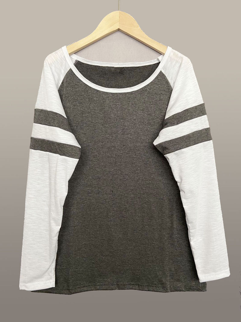 Striped Stitching Long Sleeve T-shirt Round Blouses