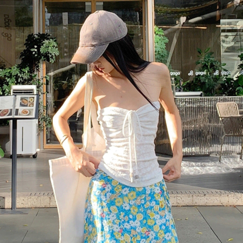 Jacquard Lace Stitching Tube Pleated Tie Tops