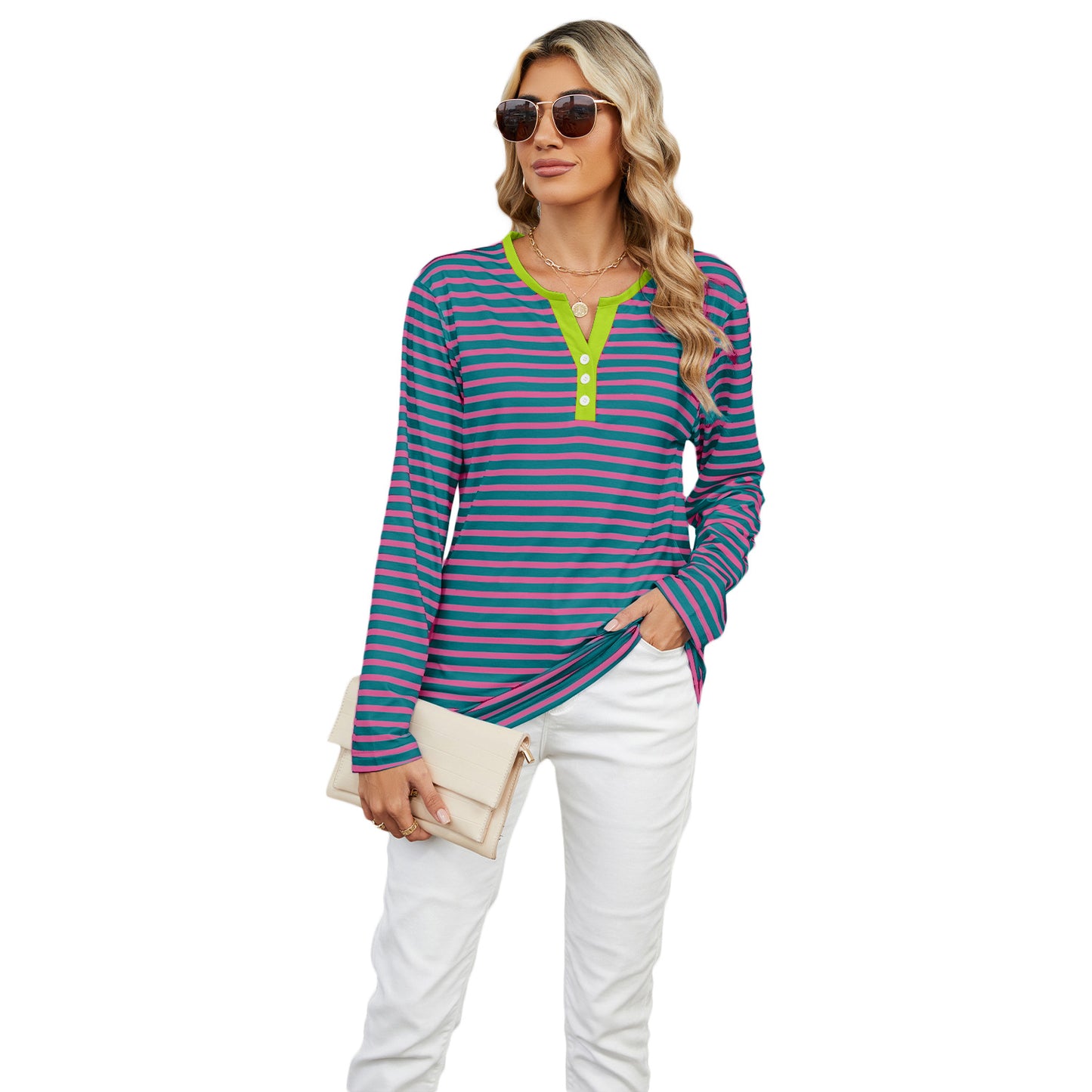 Women's Contrast Color Striped Loose Long Sleeve Blouses