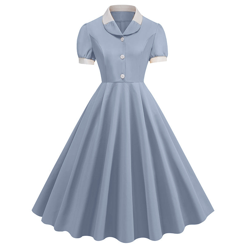 Patchwork Waist Trimming Short-sleeved Retro Hepburn Dresses