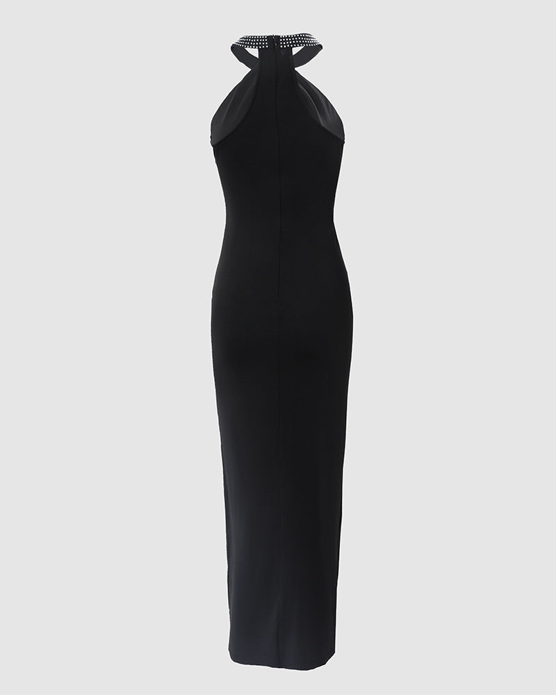 Fashion Halter Rhinestone Elegance Sleeveless Slit Dress