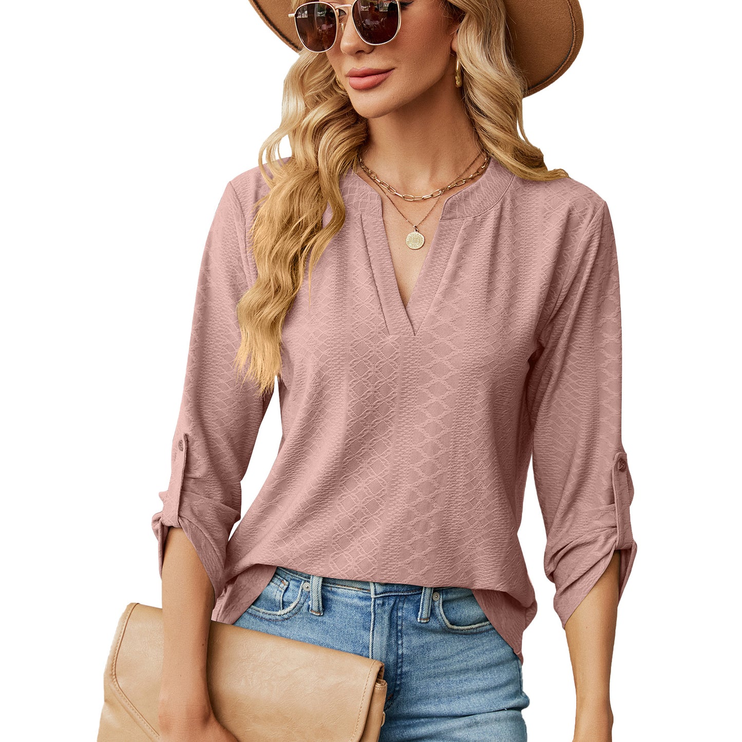 Women's Solid Color Three-quarter Sleeve Button Loose-fitting Tops