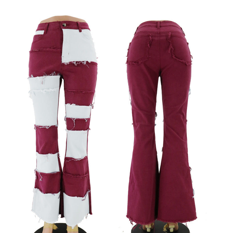 Women's Autumn Fashion Color Contrast Patchwork High Waist Jeans