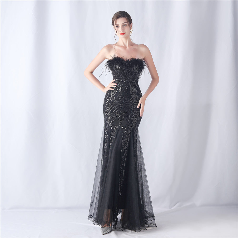 Ostrich Feather Positioning Flower Cutting Tube Evening Dresses
