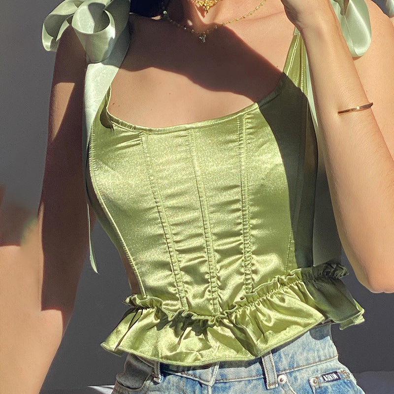 Women's Summer Fashion Green Ruffled Silk Waist Blouses