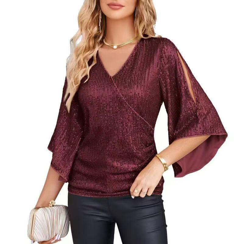 Women's Loose Mid-length Sequined T-shirt Short-sleeved Pullover Blouses