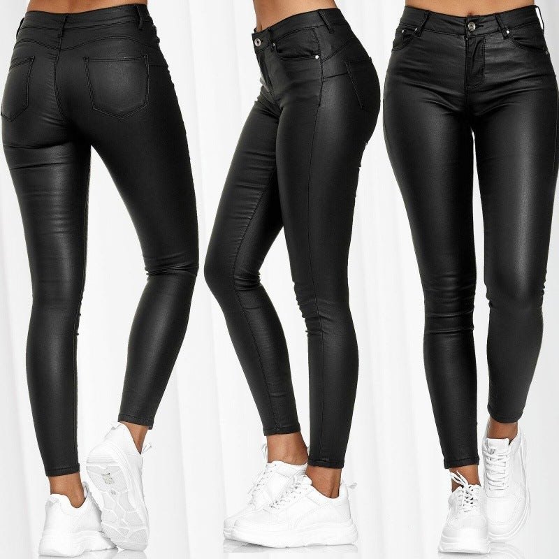 Women's Spring Solid Color Leather Casual Skinny Pants