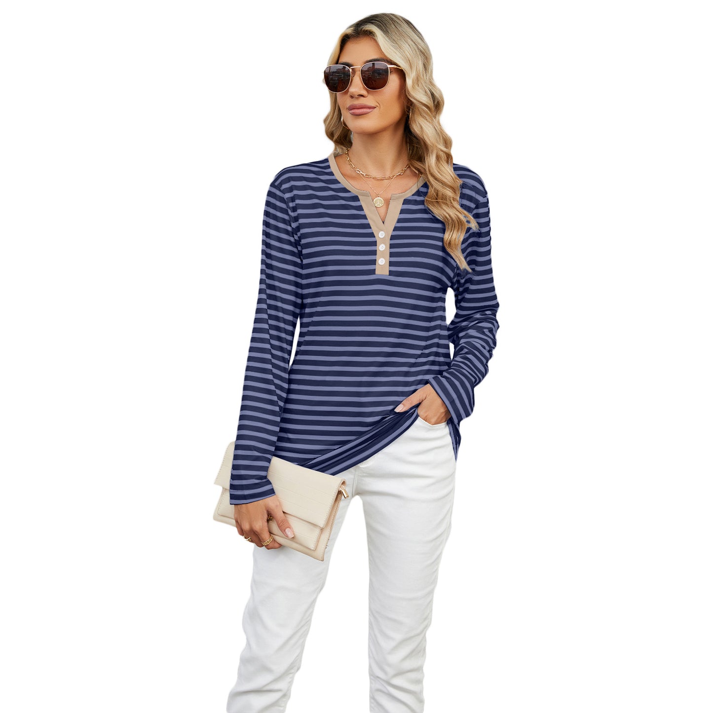 Women's Contrast Color Striped Loose Long Sleeve Blouses