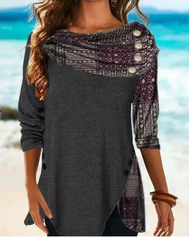 Women's Button Hem Long Sleeve Round Neck Blouses