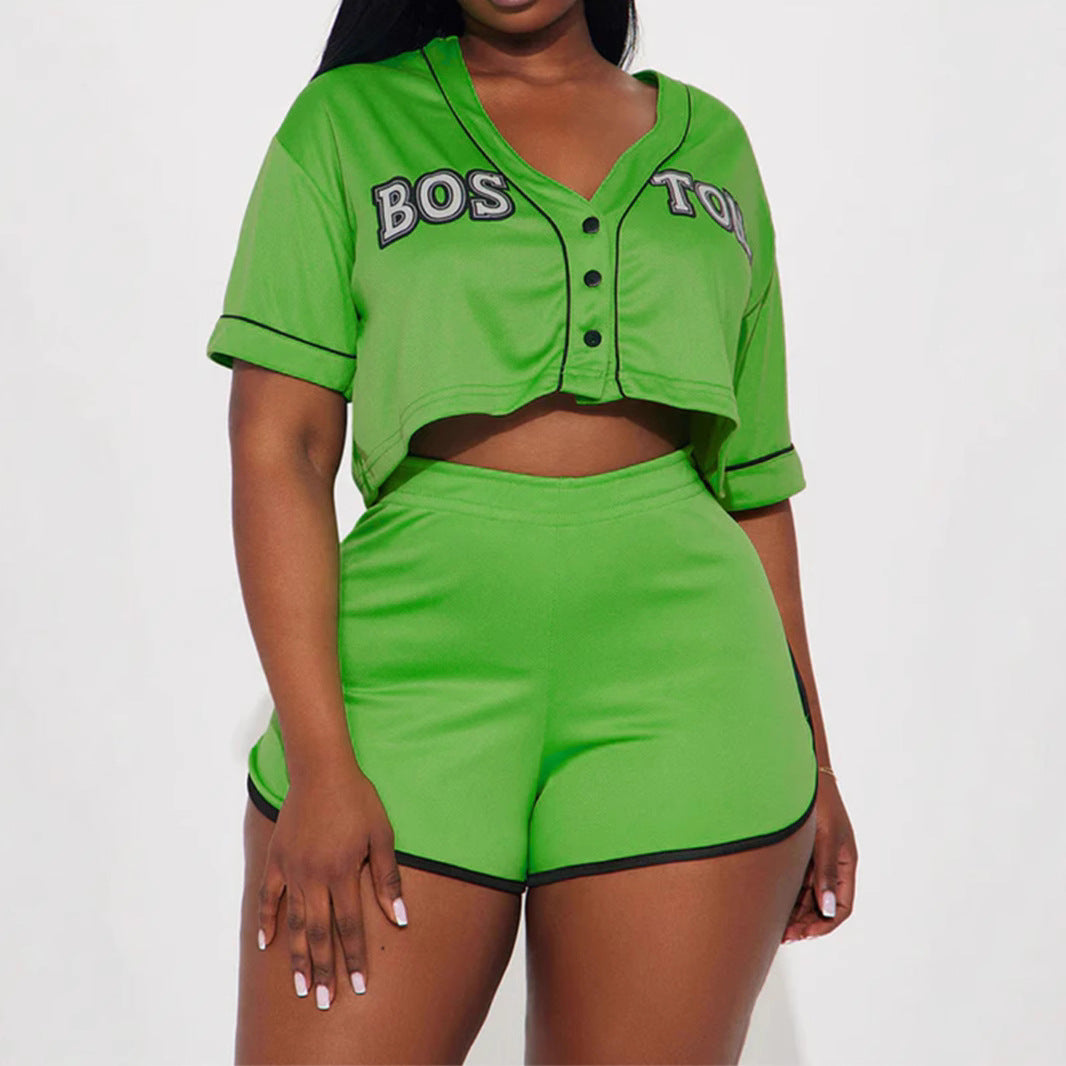 Women's Spring Sports Collar Button Elastic Waist Suits